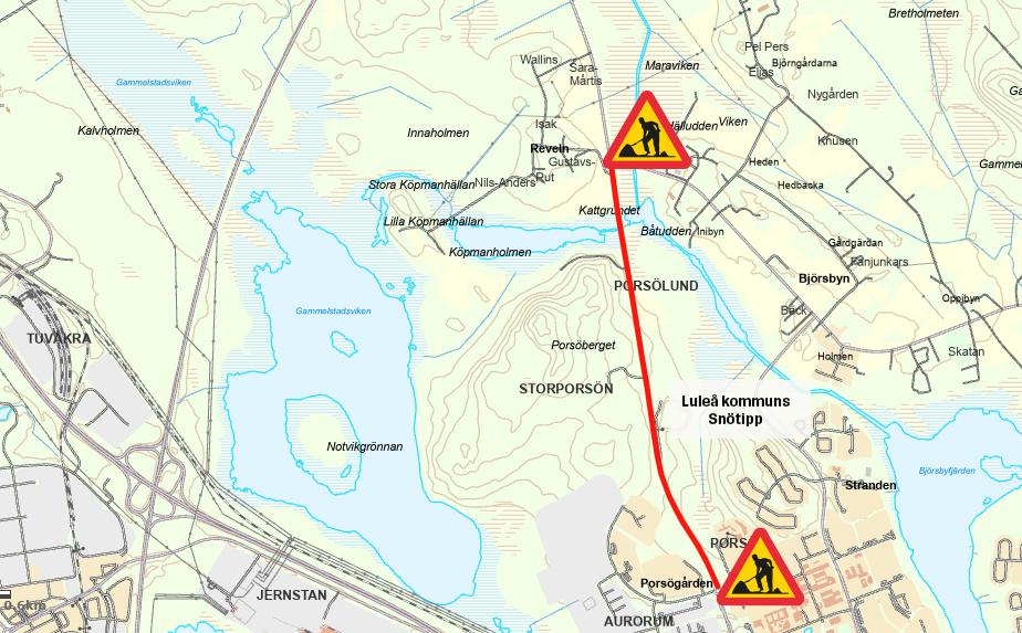 Luleå kommuns arbetsplatsområde längs Haparandavägen ses här markerat i blått