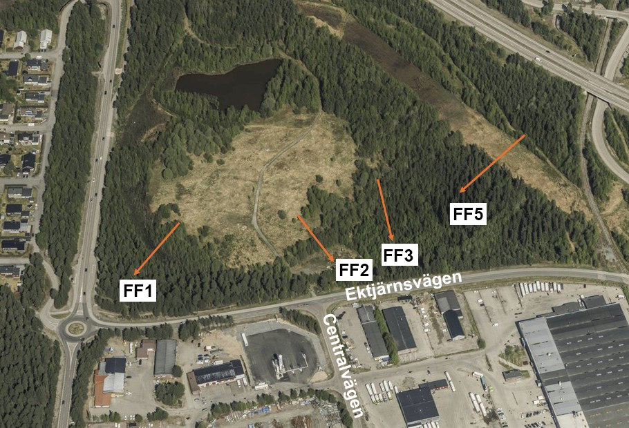 Platsen för tomterna FF1, FF2, FF3 och FF5 på Ektjärn, Storheden.