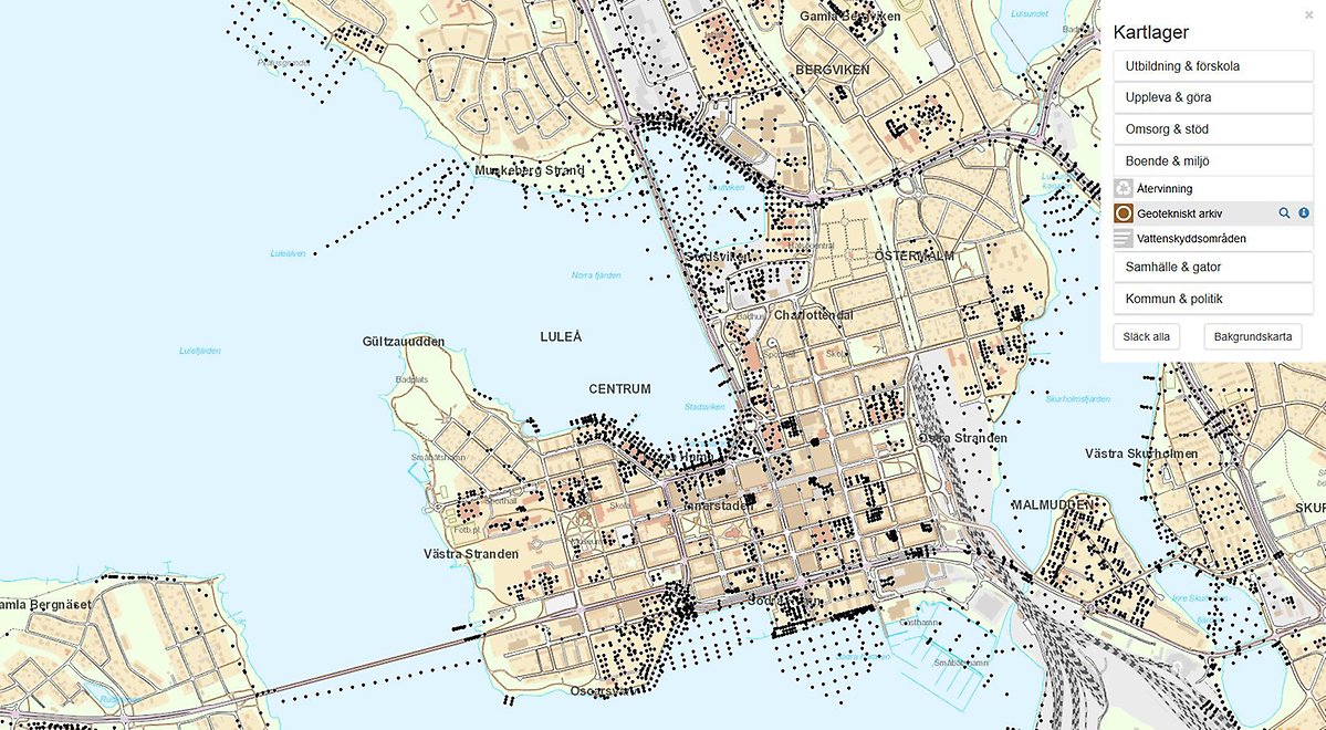 Kartbild som visar kommunkartan med geotekniska data  utsatta som små svarta prickar